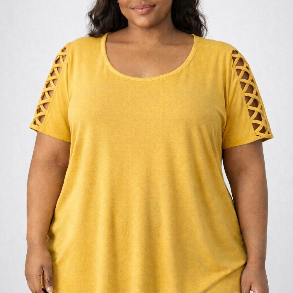 Yellow Women's Top with Lattice Sleeve Design